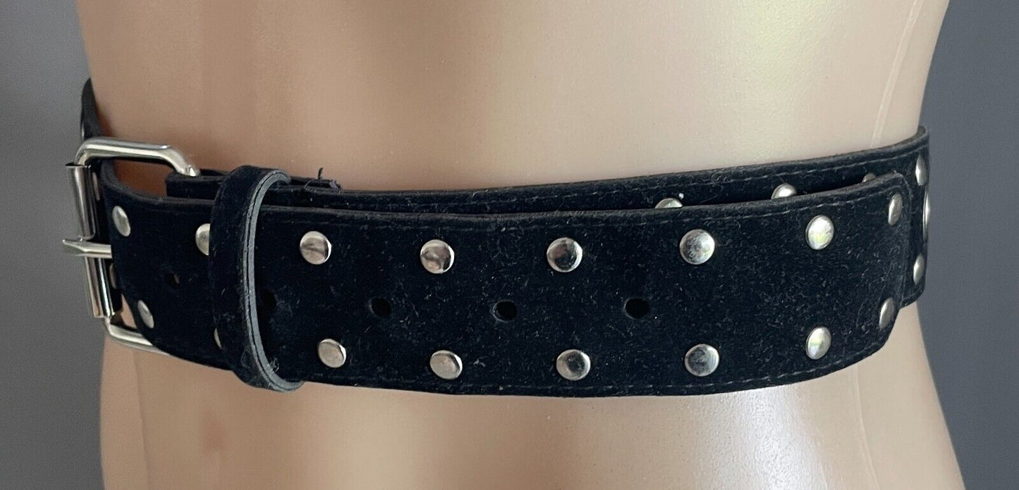 Wide Belt Black Velvet PVC Backed 4cm Size L Studded Ring Trim Waist 88 - 100cm