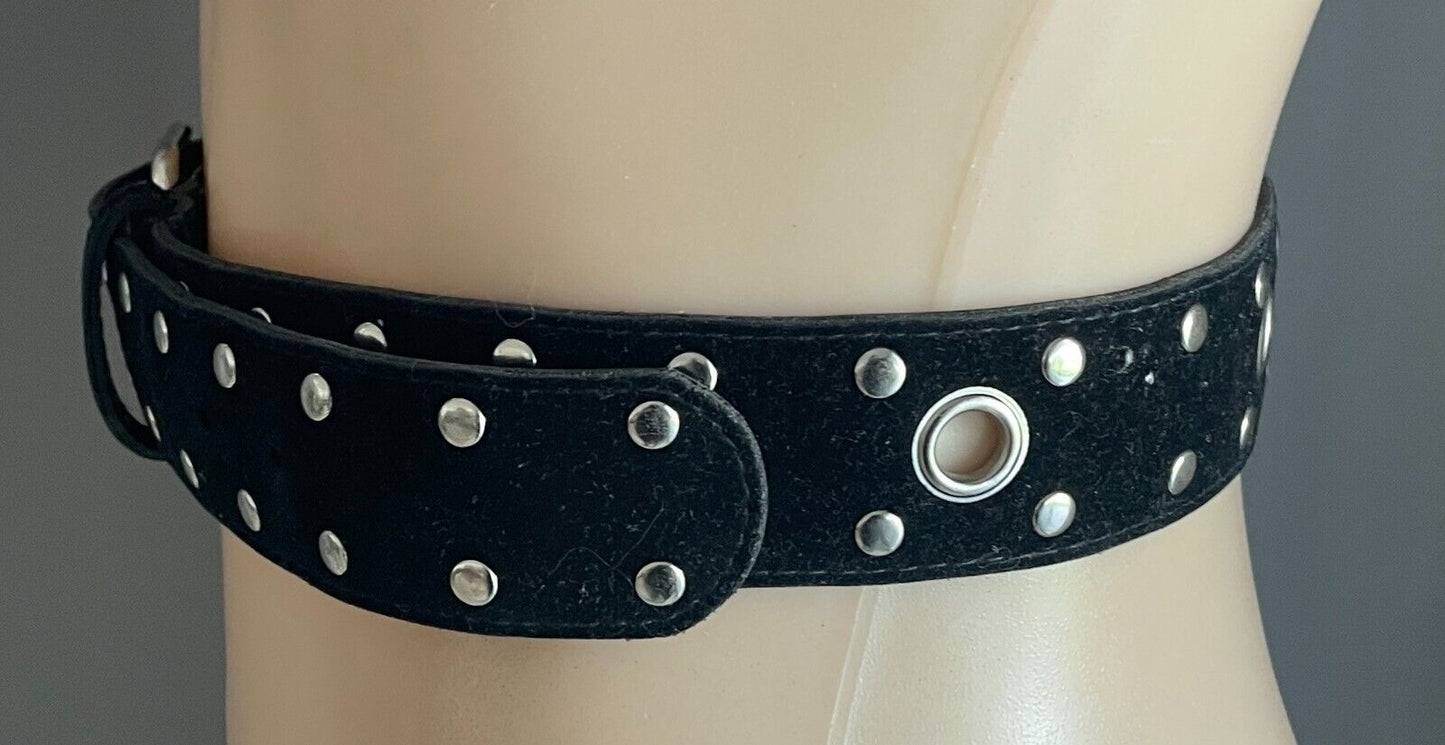Wide Belt Black Velvet PVC Backed 4cm Size L Studded Ring Trim Waist 88 - 100cm