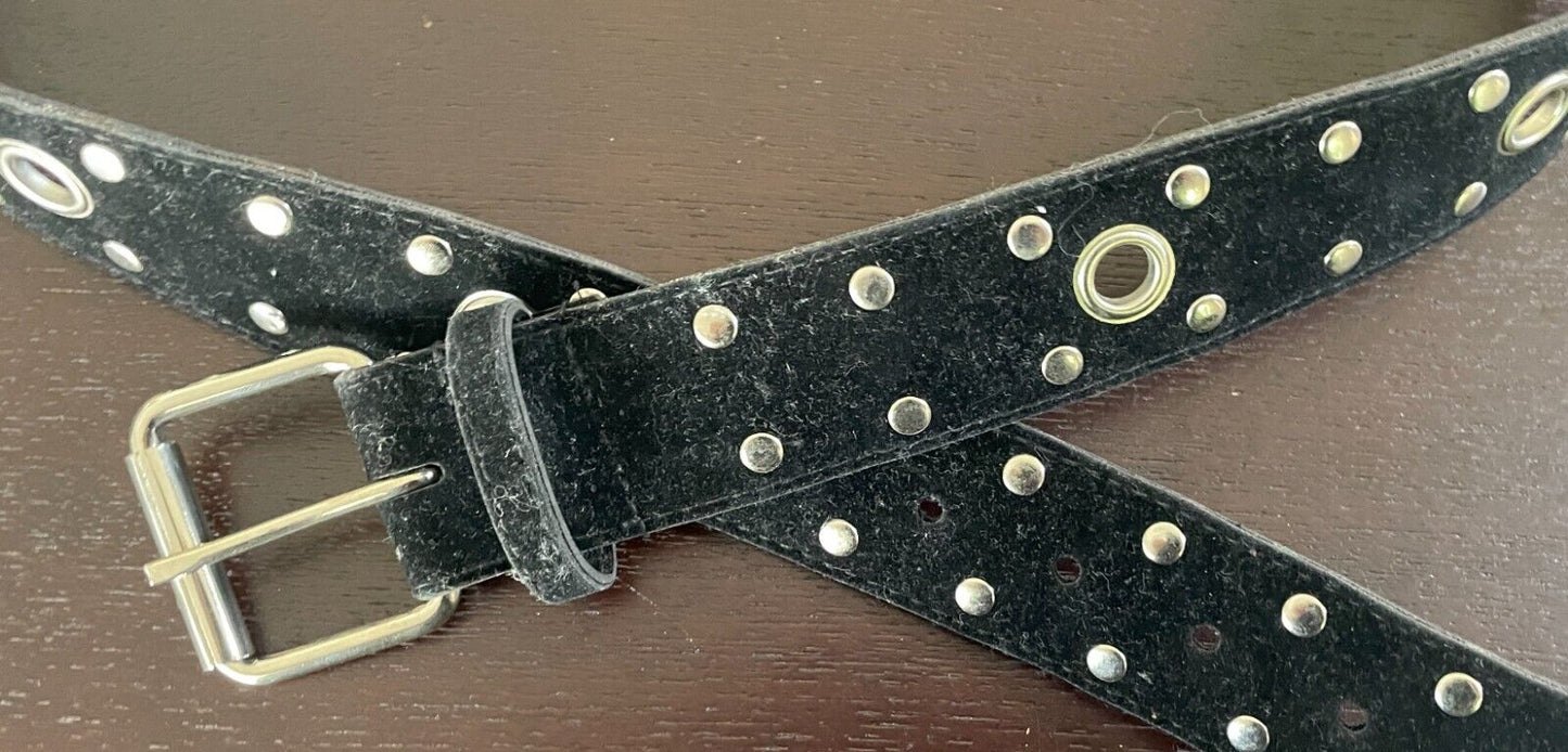 Wide Belt Black Velvet PVC Backed 4cm Size L Studded Ring Trim Waist 88 - 100cm