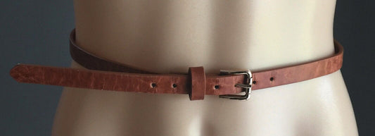 Retro Ladies 2cm Belt Rich Tan Brown Pleather Thin Belt Size 10