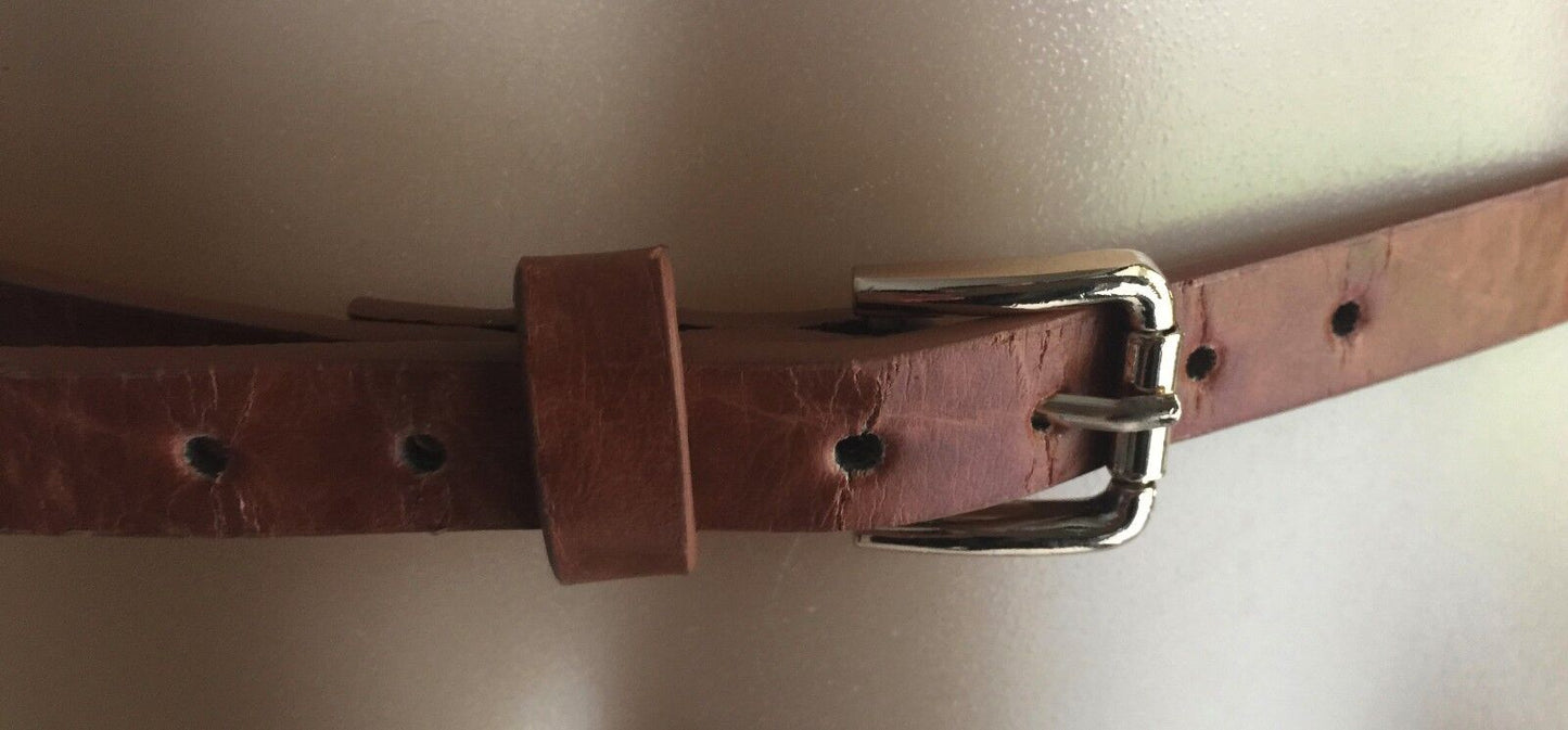 Retro Ladies 2cm Belt Rich Tan Brown Pleather Thin Belt Size 10