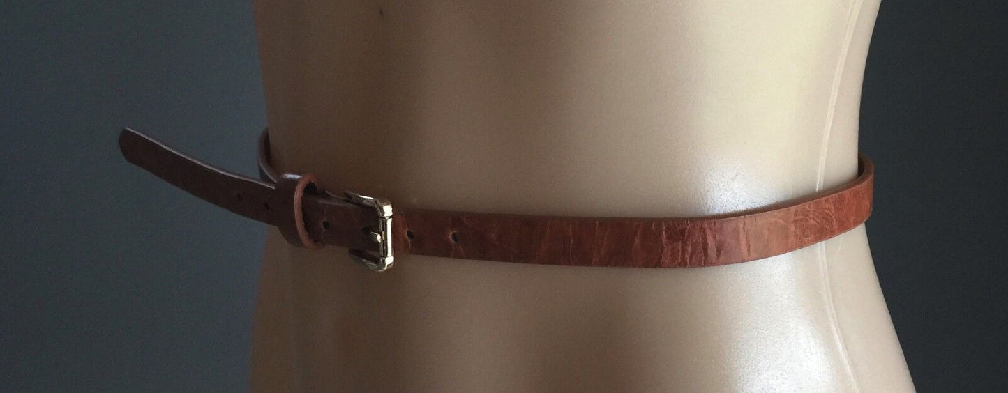 Retro Ladies 2cm Belt Rich Tan Brown Pleather Thin Belt Size 10