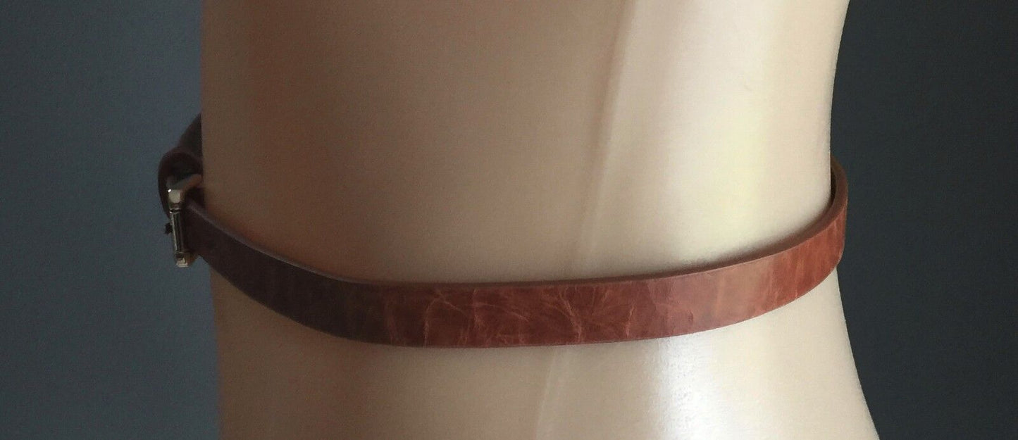 Retro Ladies 2cm Belt Rich Tan Brown Pleather Thin Belt Size 10