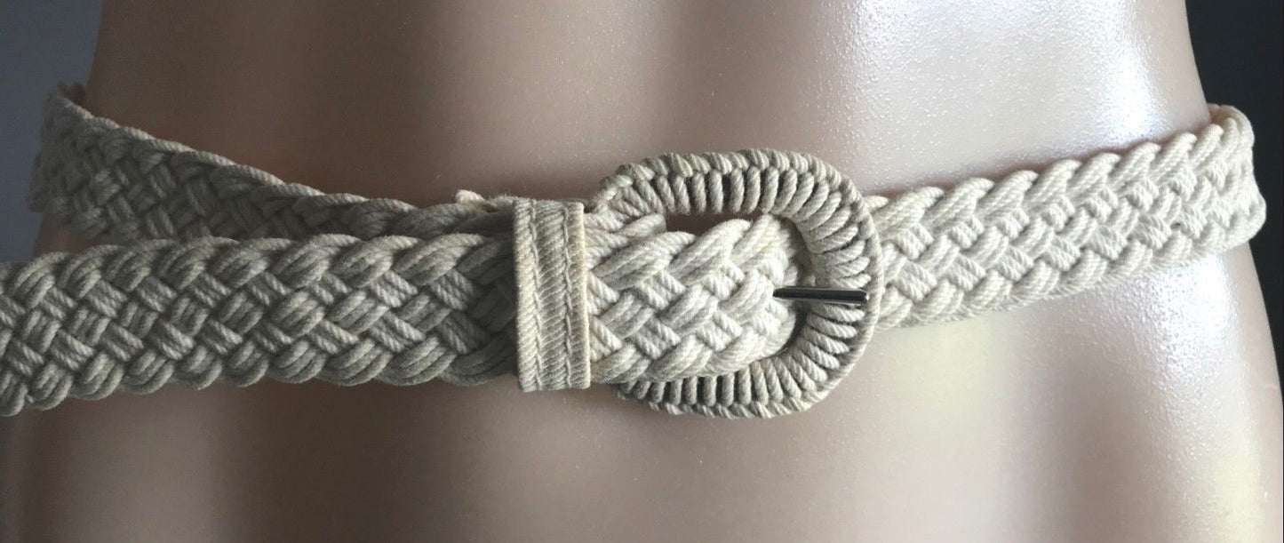 Retro Boho Belt  2.5cm Beige Woven Plaited Cord Thin Ladies Size 8 - 10
