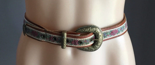 Leather BELT 3cm Tan & Tapestry Inlay Ornate Brass Buckle Size 12 14 32" 76-92cm