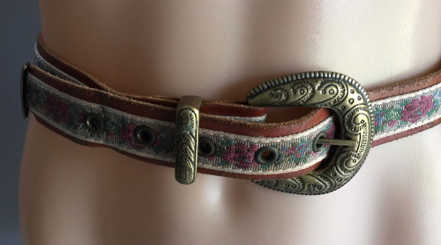 Leather BELT 3cm Tan & Tapestry Inlay Ornate Brass Buckle Size 12 14 32" 76-92cm