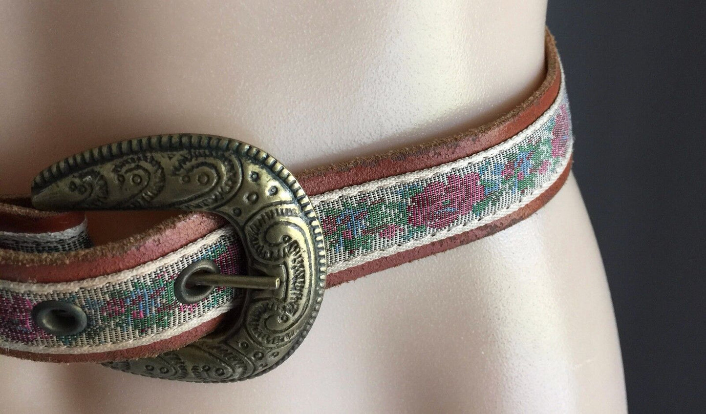 Leather BELT 3cm Tan & Tapestry Inlay Ornate Brass Buckle Size 12 14 32" 76-92cm