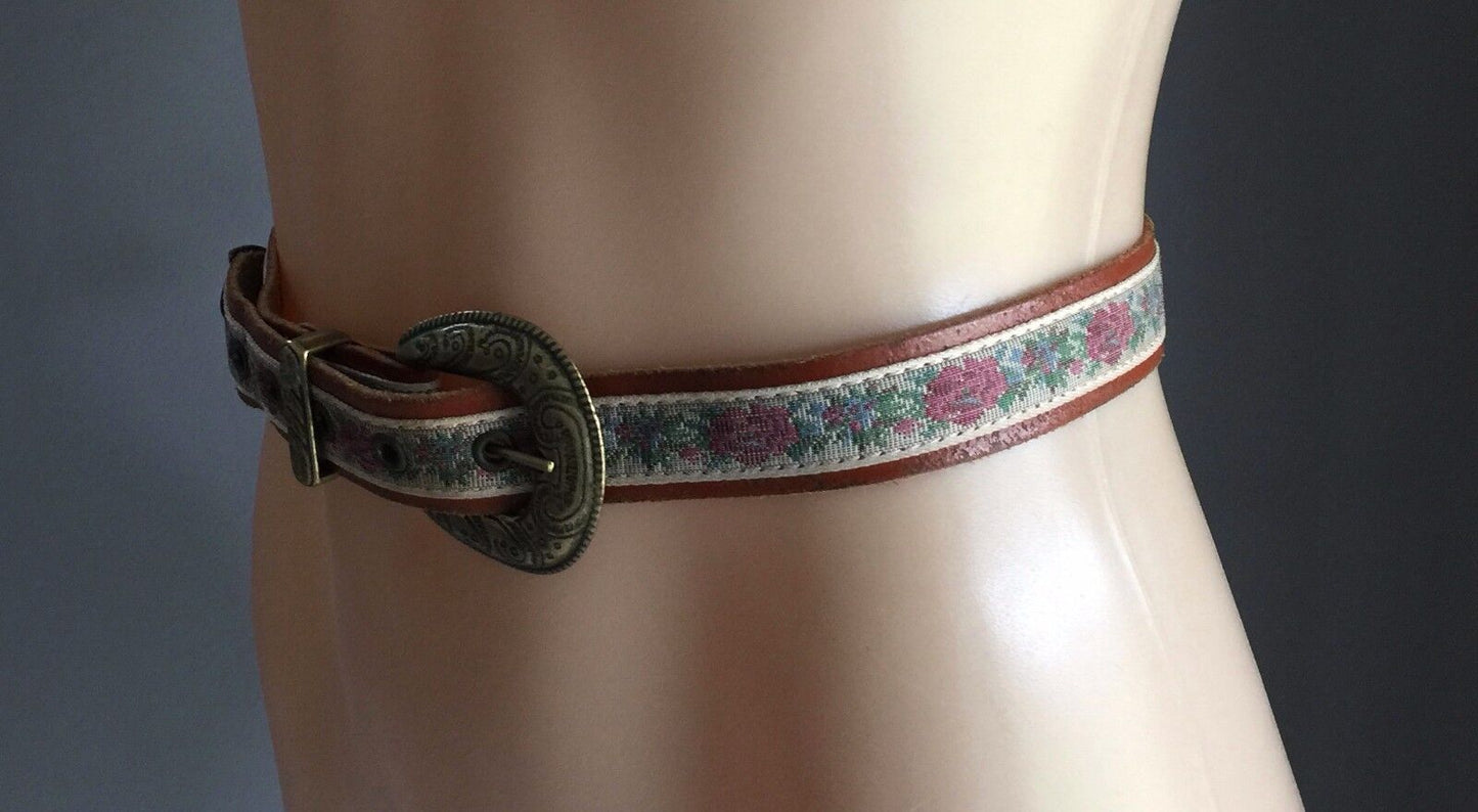 Leather BELT 3cm Tan & Tapestry Inlay Ornate Brass Buckle Size 12 14 32" 76-92cm