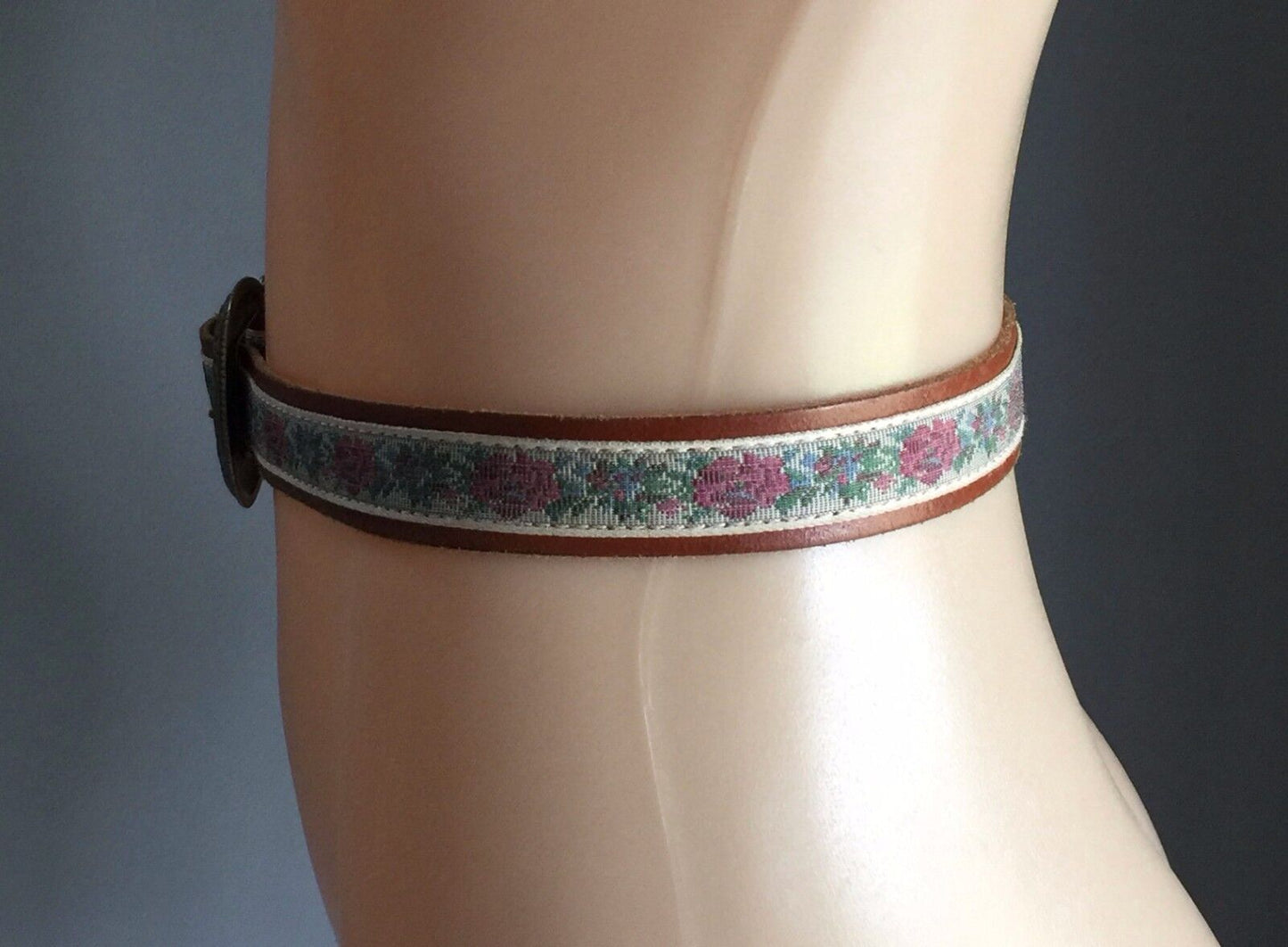 Leather BELT 3cm Tan & Tapestry Inlay Ornate Brass Buckle Size 12 14 32" 76-92cm