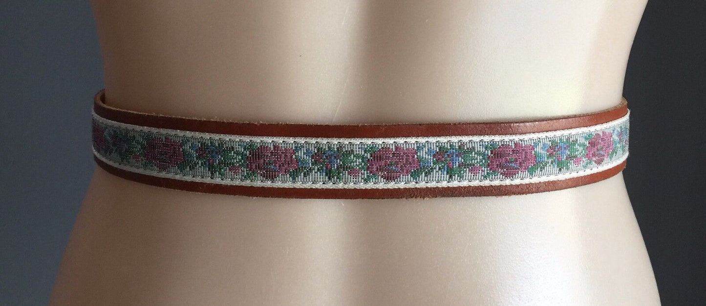 Leather BELT 3cm Tan & Tapestry Inlay Ornate Brass Buckle Size 12 14 32" 76-92cm