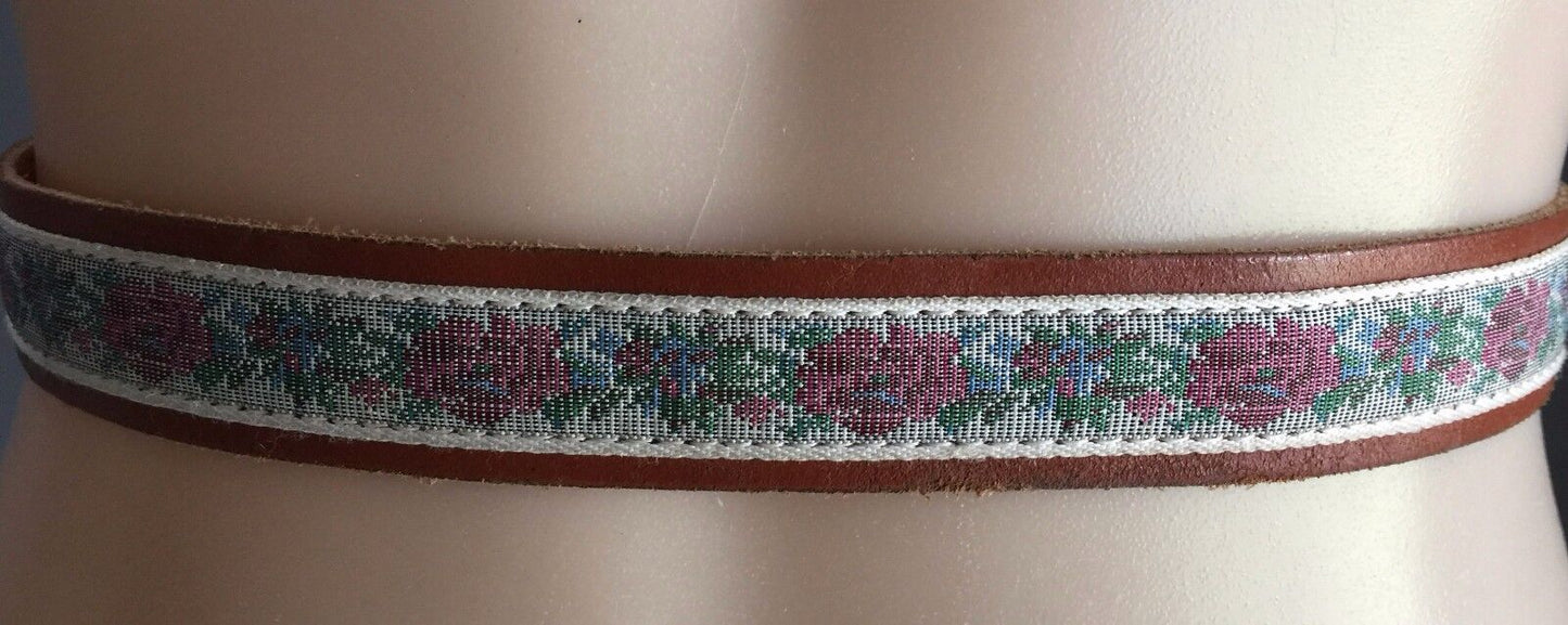 Leather BELT 3cm Tan & Tapestry Inlay Ornate Brass Buckle Size 12 14 32" 76-92cm