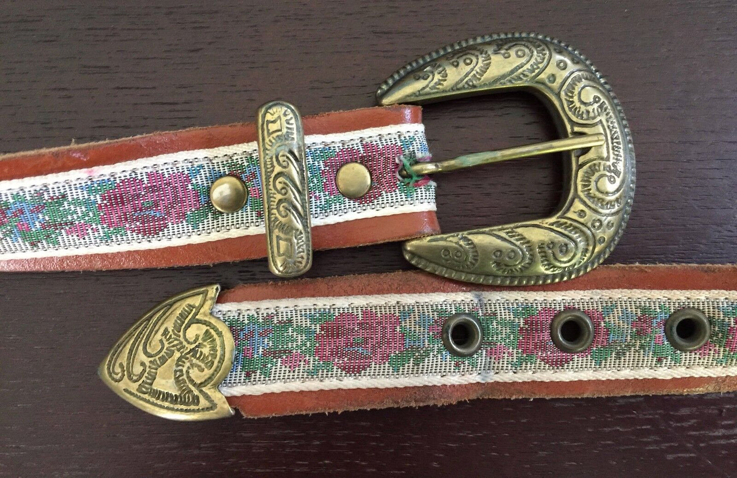 Leather BELT 3cm Tan & Tapestry Inlay Ornate Brass Buckle Size 12 14 32" 76-92cm