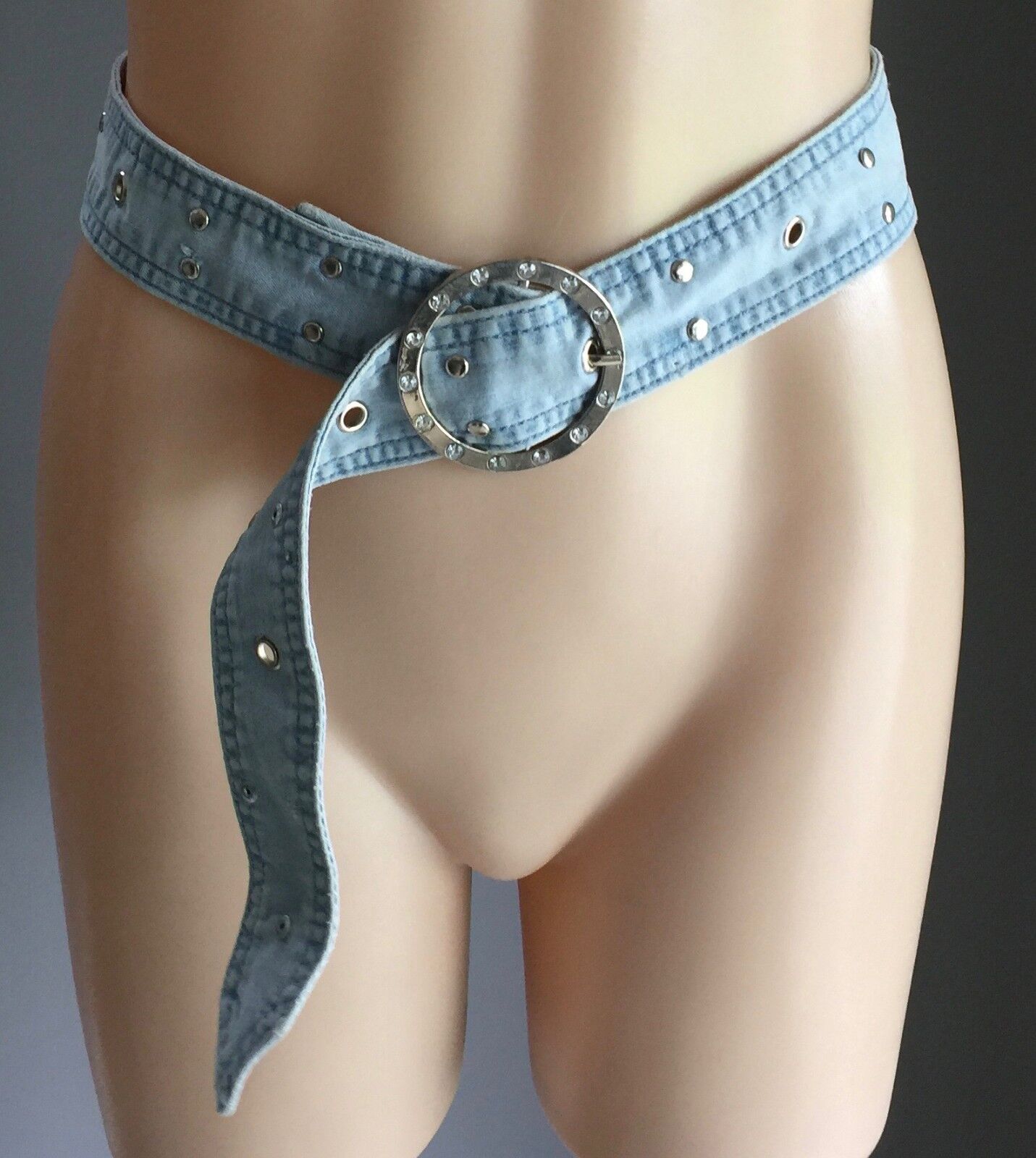 Denim Chambray BELT Retro 4cm Faded Blue Diamante Buckle Stud Rivet Size 14