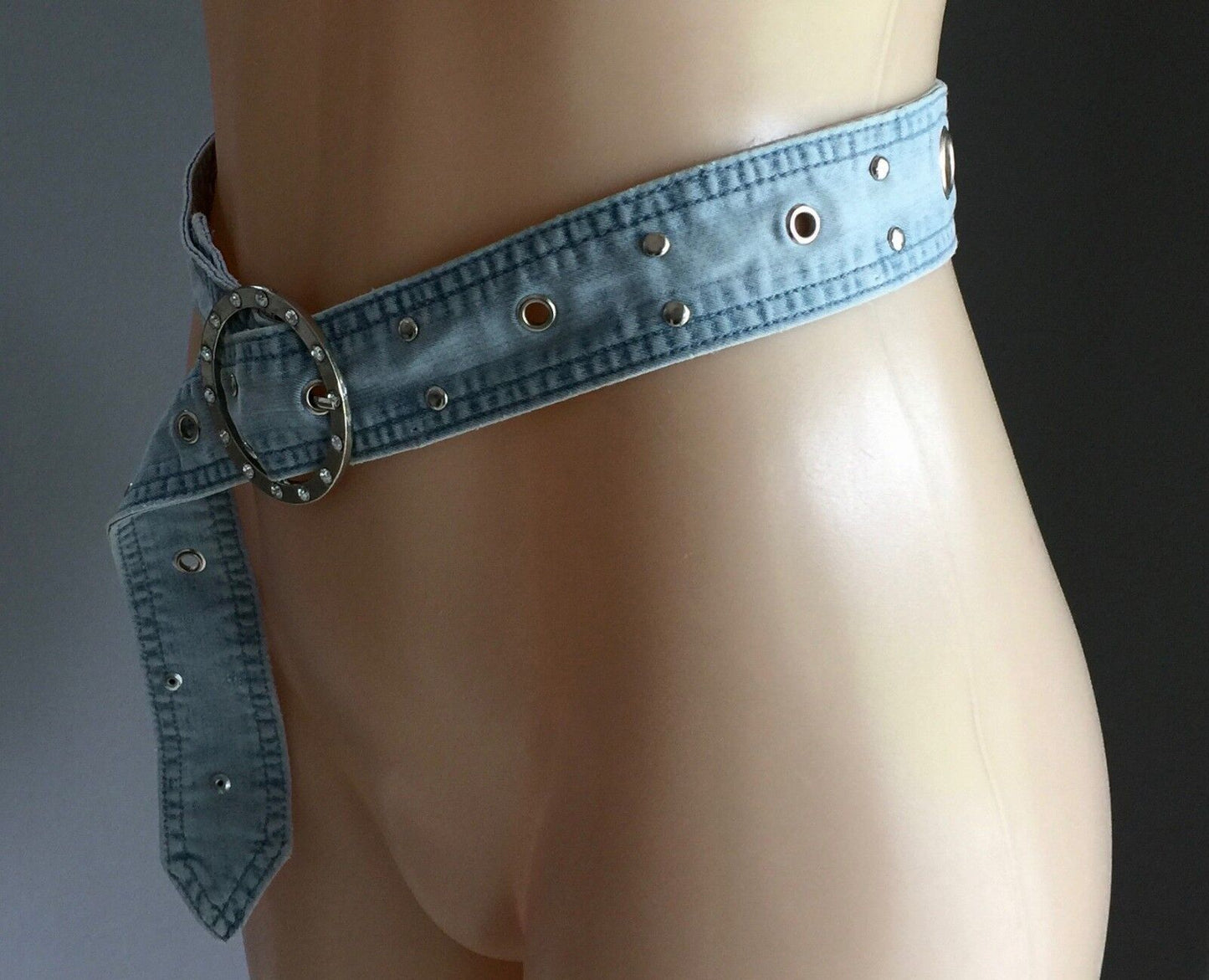 Denim Chambray BELT Retro 4cm Faded Blue Diamante Buckle Stud Rivet Size 14