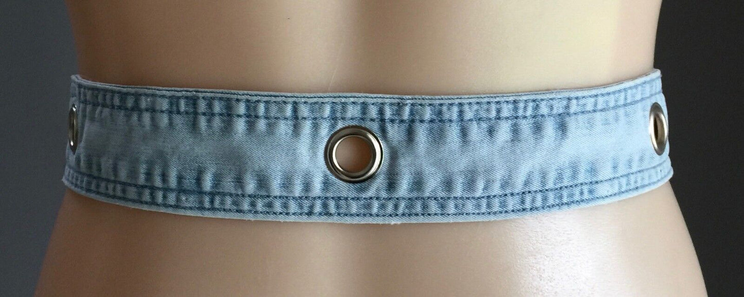 Denim Chambray BELT Retro 4cm Faded Blue Diamante Buckle Stud Rivet Size 14
