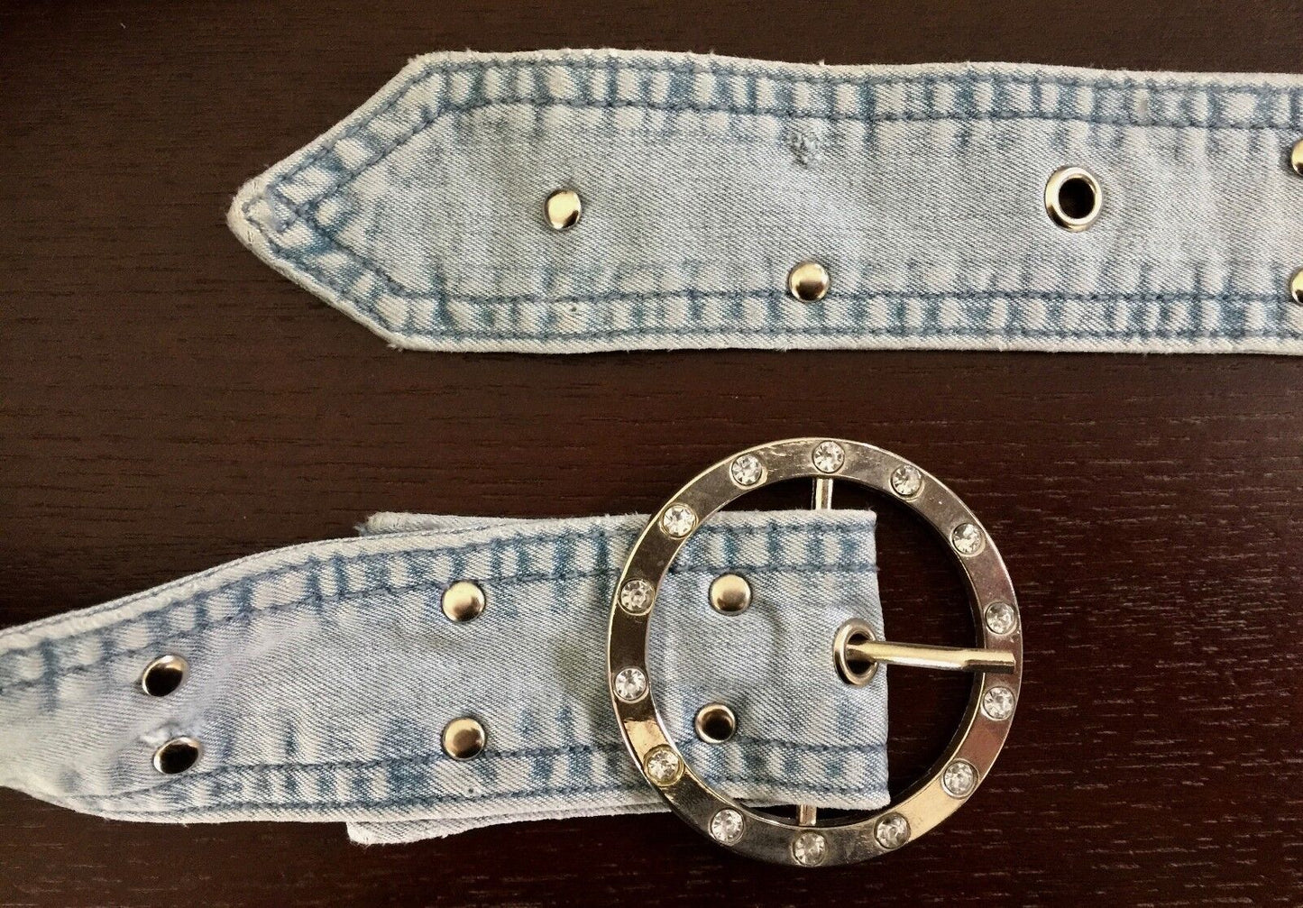 Denim Chambray BELT Retro 4cm Faded Blue Diamante Buckle Stud Rivet Size 14