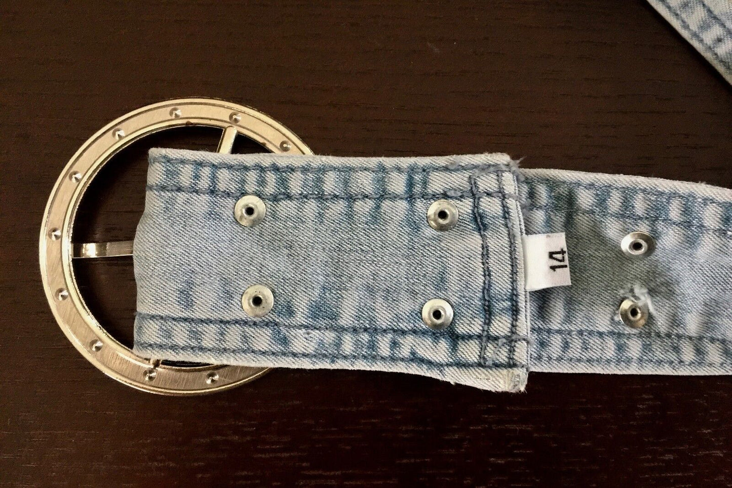 Denim Chambray BELT Retro 4cm Faded Blue Diamante Buckle Stud Rivet Size 14