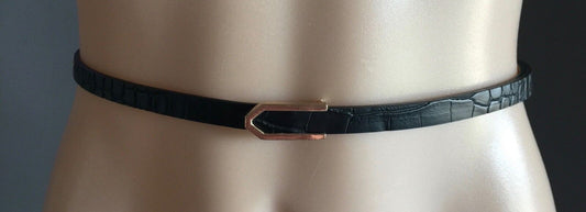 Ladies  1cm Belt Black Croc Pleather w Decorative Gold Buckle Size 14 16