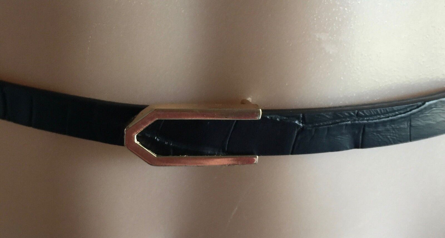 Ladies  1cm Belt Black Croc Pleather w Decorative Gold Buckle Size 14 16