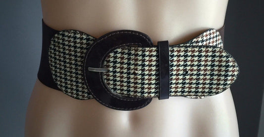 7.5cm Belt Brown Thick Elastic w Houndstooth Trim Ladies Size M 10  12 NEW