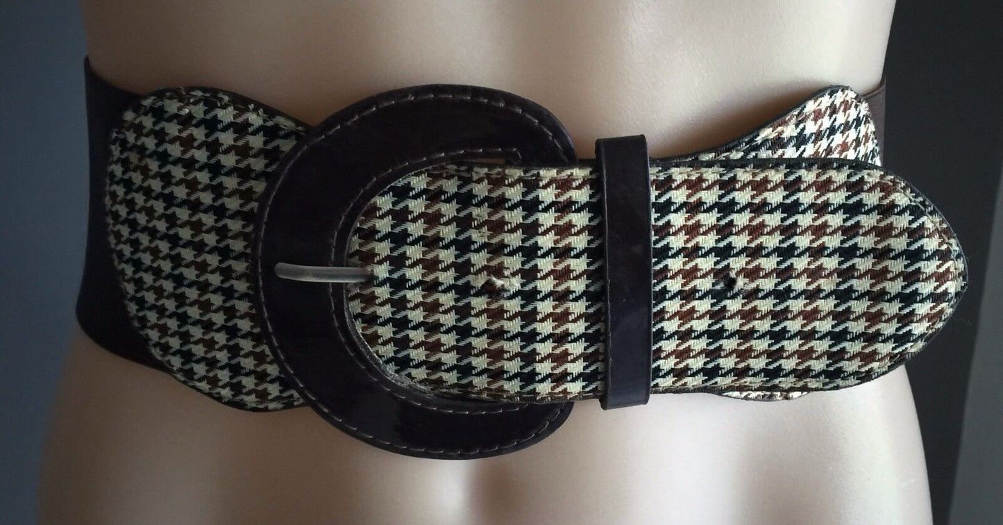 7.5cm Belt Brown Thick Elastic w Houndstooth Trim Ladies Size M 10  12 NEW