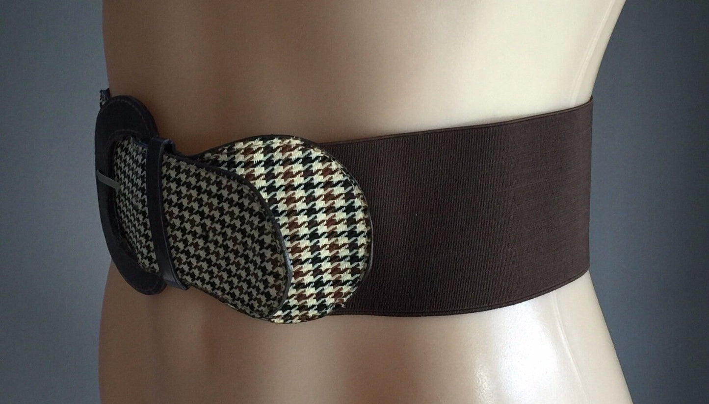 7.5cm Belt Brown Thick Elastic w Houndstooth Trim Ladies Size M 10  12 NEW