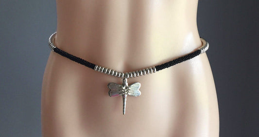 1cm Belt Retro Ladies Hanging Metal Dragon Fly Black & Silver Bead Size 10 - 14
