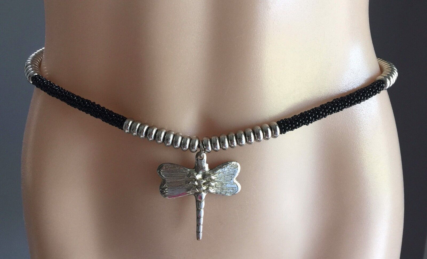 1cm Belt Retro Ladies Hanging Metal Dragon Fly Black & Silver Bead Size 10 - 14
