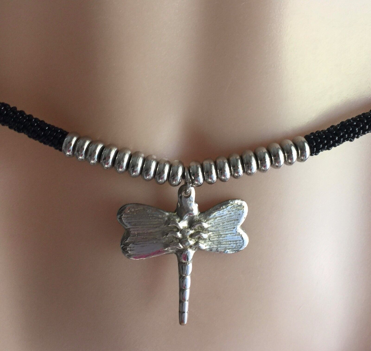 1cm Belt Retro Ladies Hanging Metal Dragon Fly Black & Silver Bead Size 10 - 14