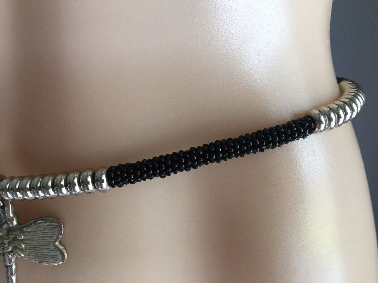 1cm Belt Retro Ladies Hanging Metal Dragon Fly Black & Silver Bead Size 10 - 14