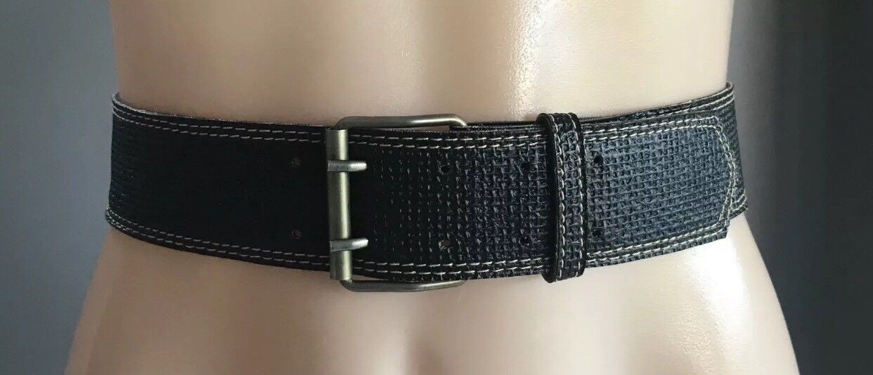 Retro Ladies 4.5cm Belt Black Basket Weave Pattern Belt Stitch Trim Sz 8 10 NEW