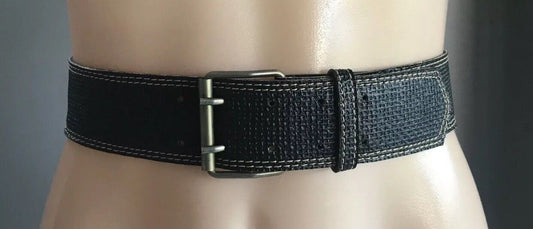 Retro Ladies 4.5cm Belt Black Basket Weave Pattern Belt Stitch Trim Sz 8 10 NEW