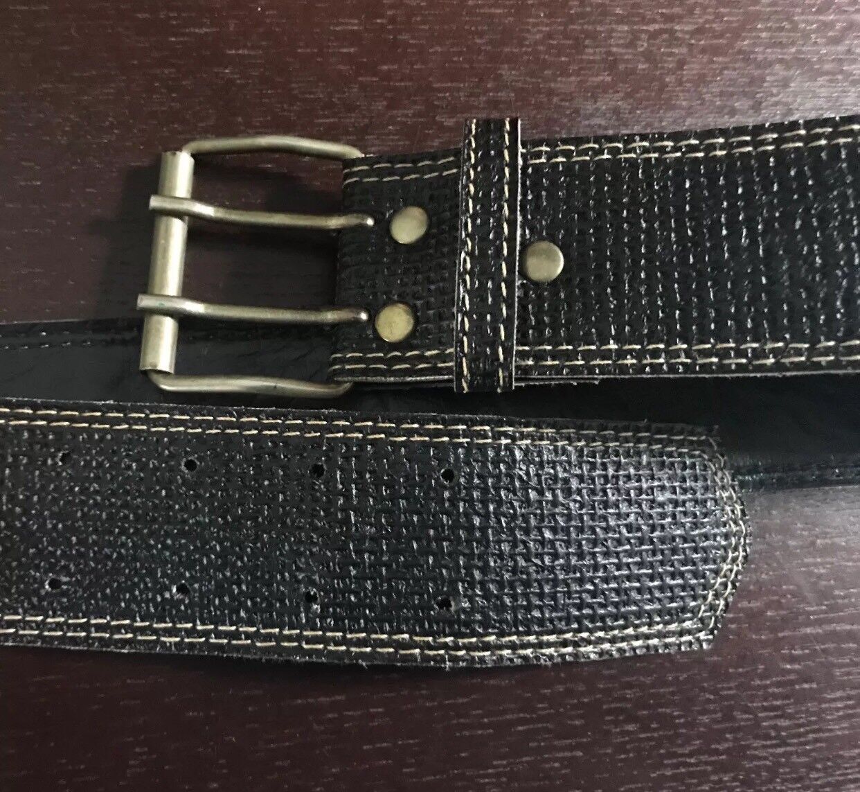 Retro Ladies 4.5cm Belt Black Basket Weave Pattern Belt Stitch Trim Sz 8 10 NEW