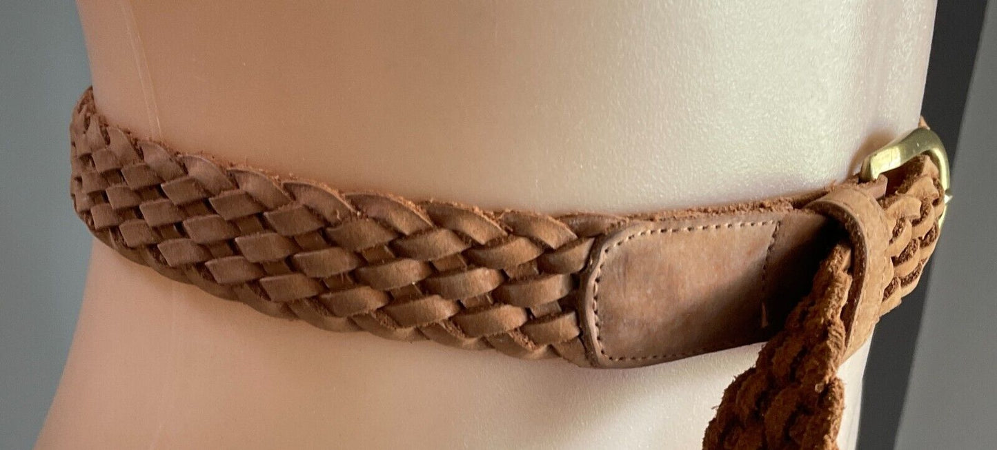 Vintage WEISS Tan Leather Woven Belt 3cm Wide Size 10 Total Length Of Belt 95cm