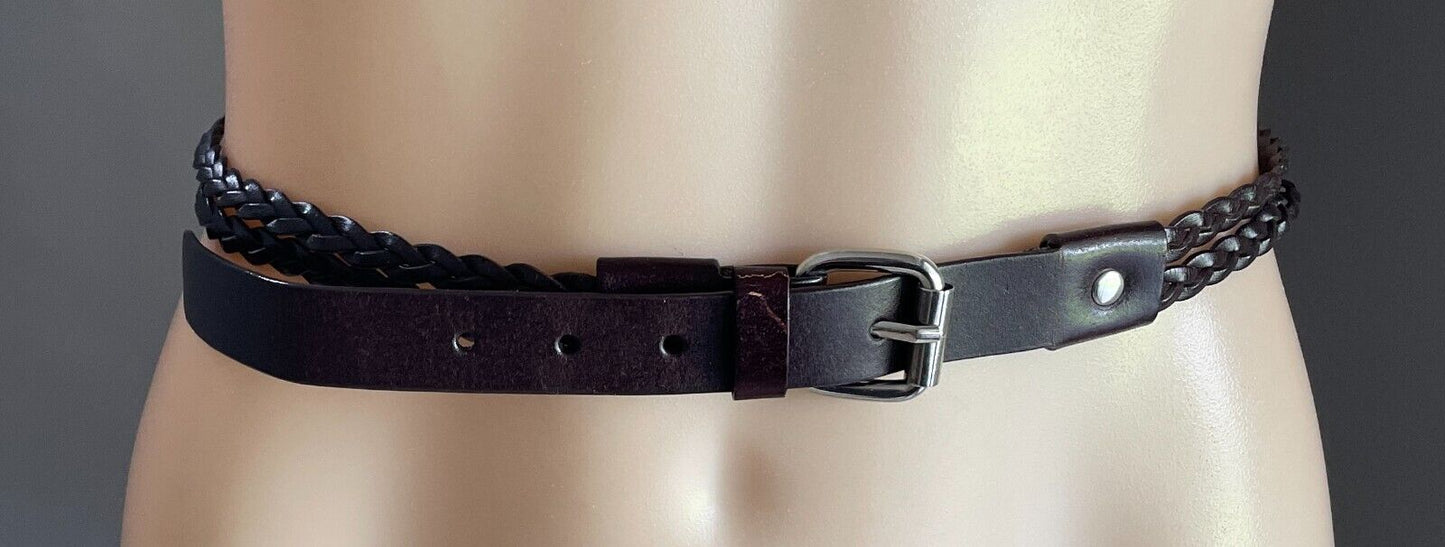 Brown Pleather Double Strand Woven Belt 2cm Wide To Fit Waist 106-114cm