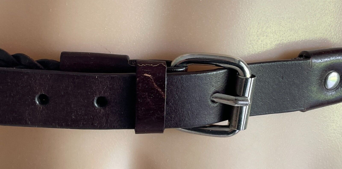 Brown Pleather Double Strand Woven Belt 2cm Wide To Fit Waist 106-114cm