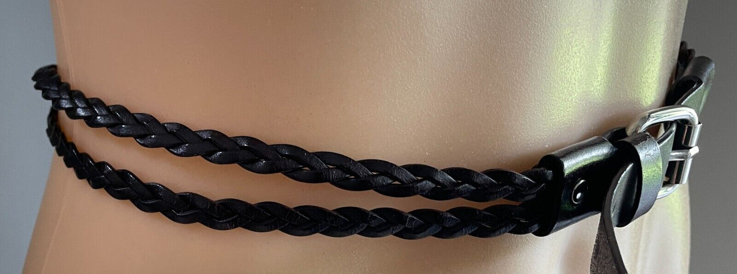Brown Pleather Double Strand Woven Belt 2cm Wide To Fit Waist 106-114cm