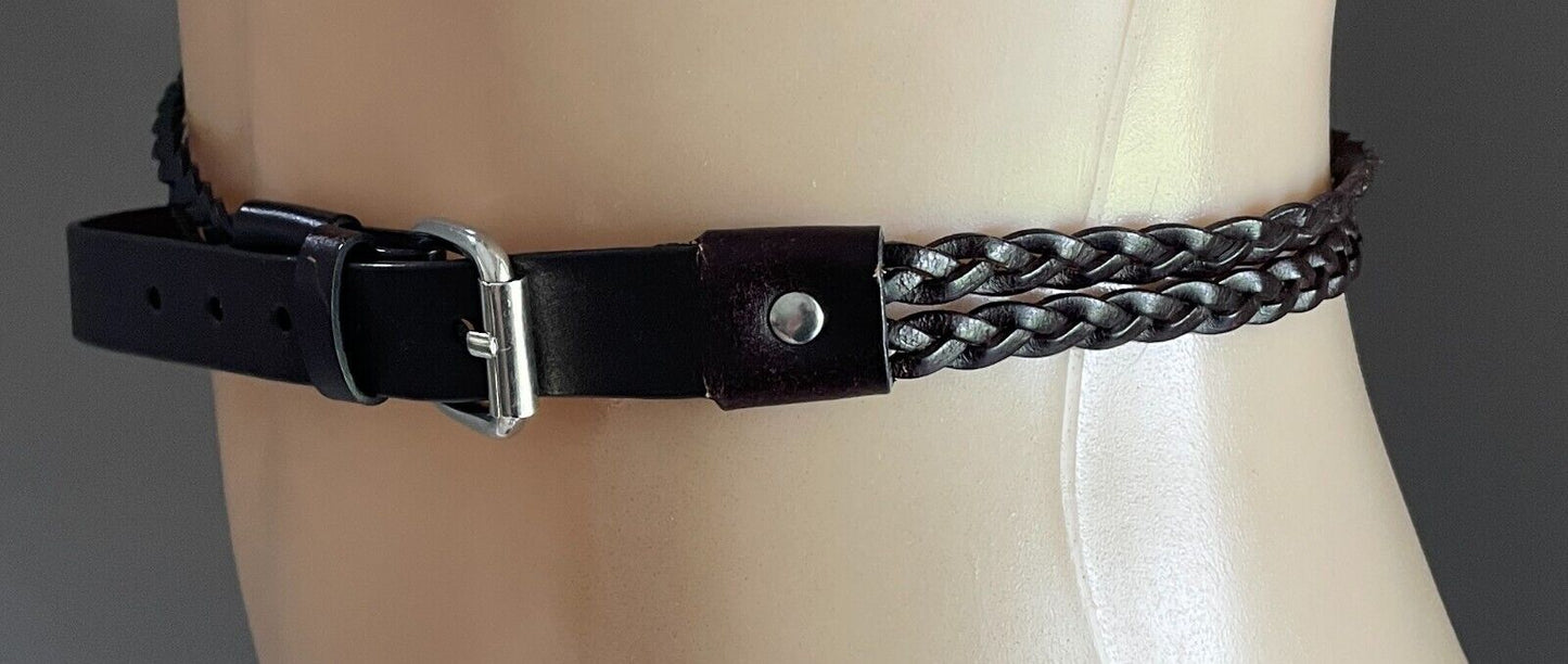 Brown Pleather Double Strand Woven Belt 2cm Wide To Fit Waist 106-114cm