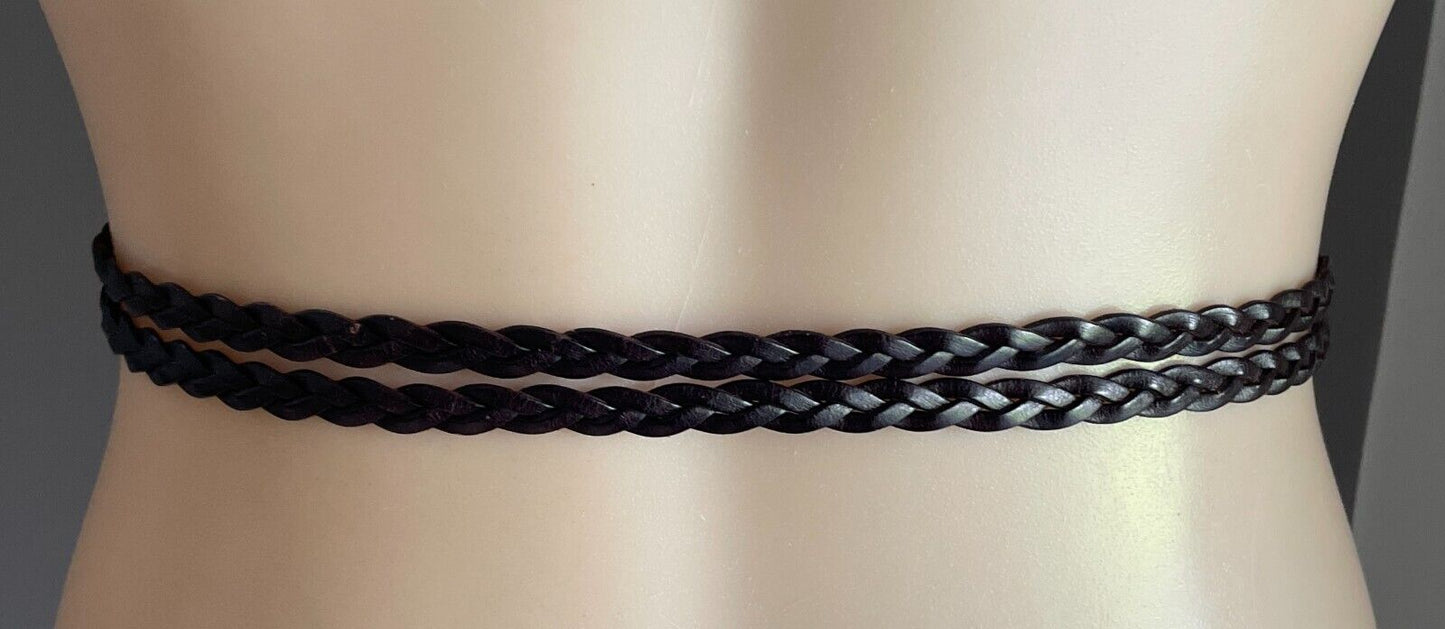Brown Pleather Double Strand Woven Belt 2cm Wide To Fit Waist 106-114cm