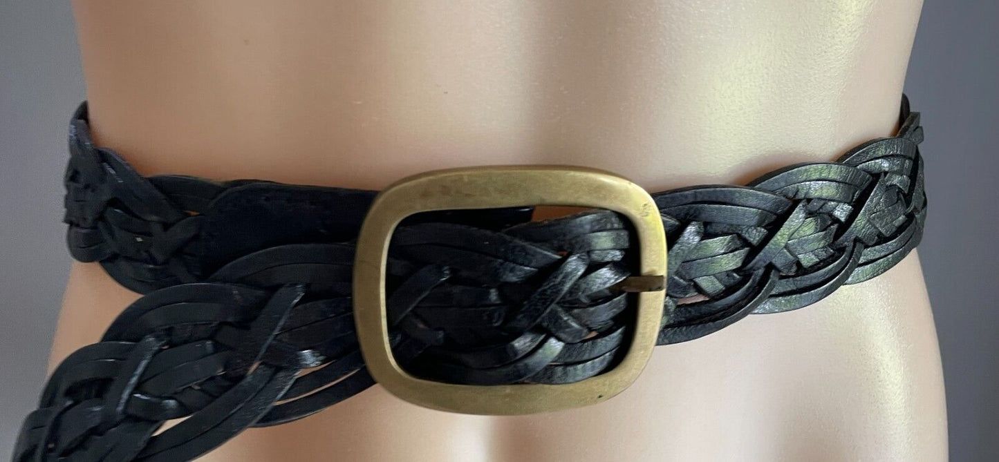 Leather Belt Woven Plaited Black Bras Buckle 3.5cm Wide Length 116cm