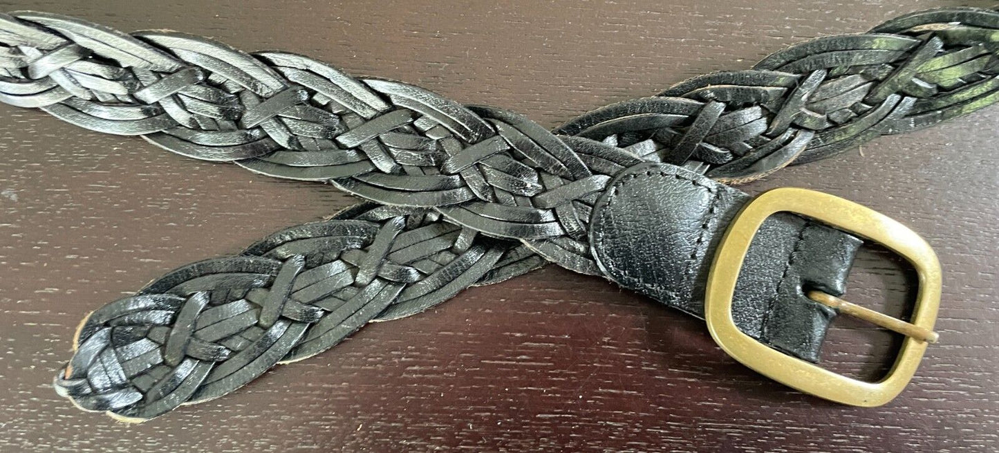 Leather Belt Woven Plaited Black Bras Buckle 3.5cm Wide Length 116cm
