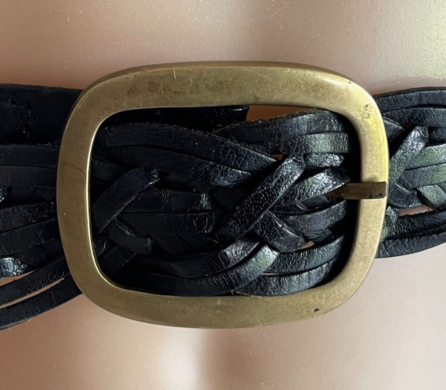 Leather Belt Woven Plaited Black Bras Buckle 3.5cm Wide Length 116cm