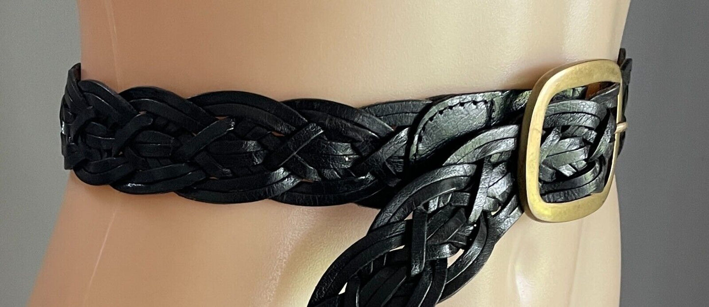 Leather Belt Woven Plaited Black Bras Buckle 3.5cm Wide Length 116cm