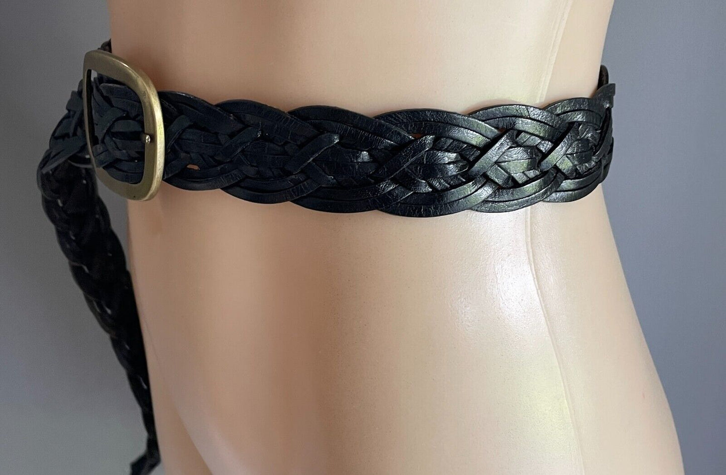 Leather Belt Woven Plaited Black Bras Buckle 3.5cm Wide Length 116cm