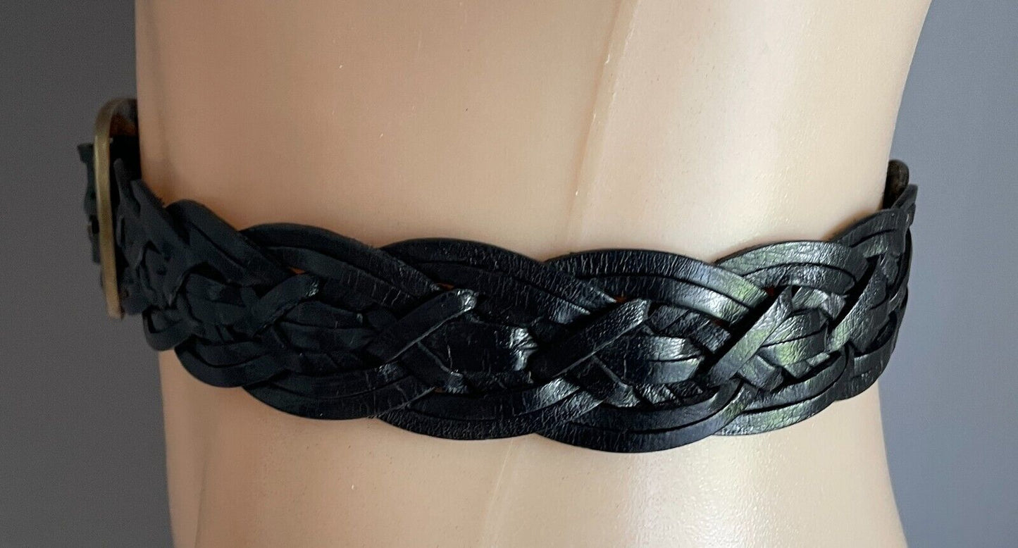 Leather Belt Woven Plaited Black Bras Buckle 3.5cm Wide Length 116cm