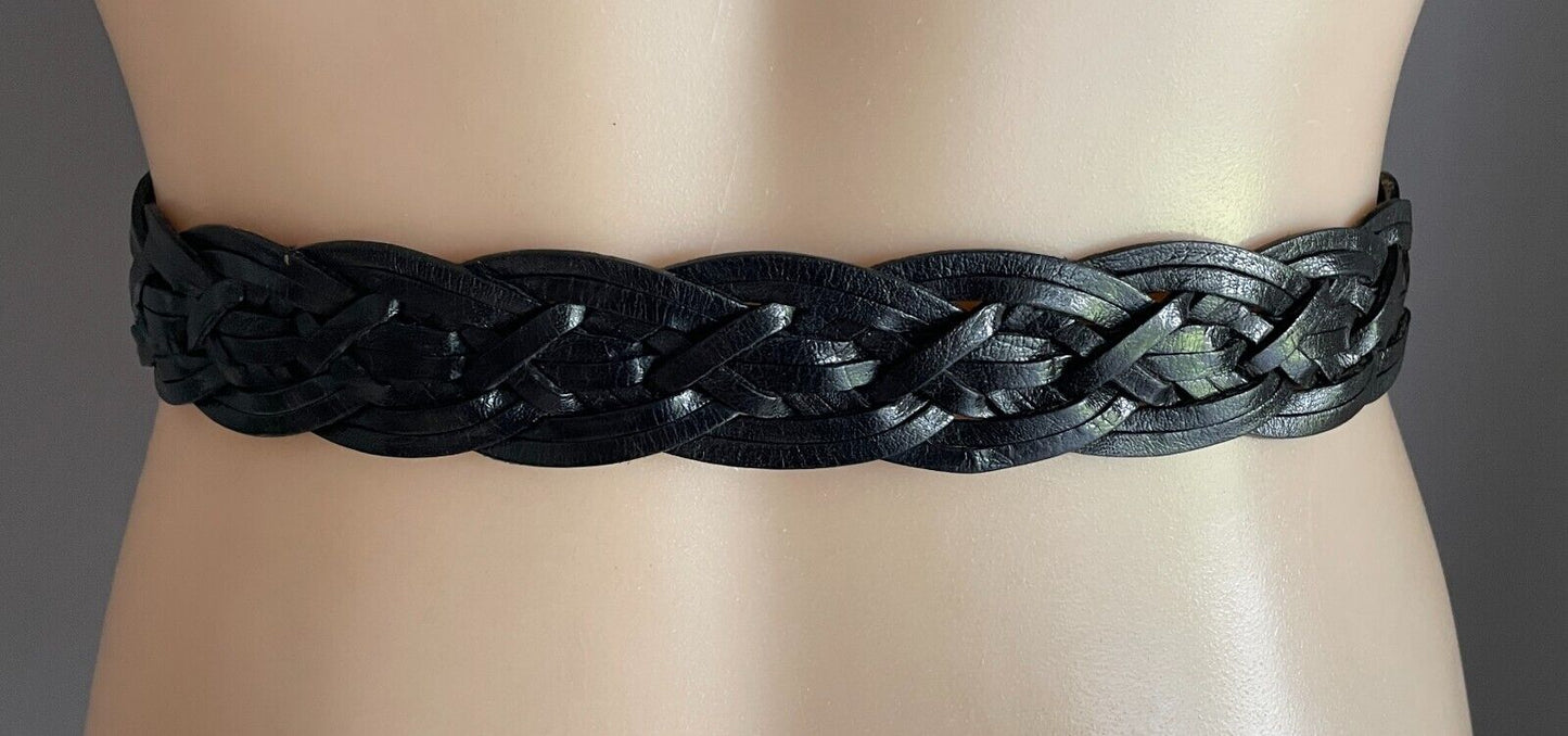 Leather Belt Woven Plaited Black Bras Buckle 3.5cm Wide Length 116cm