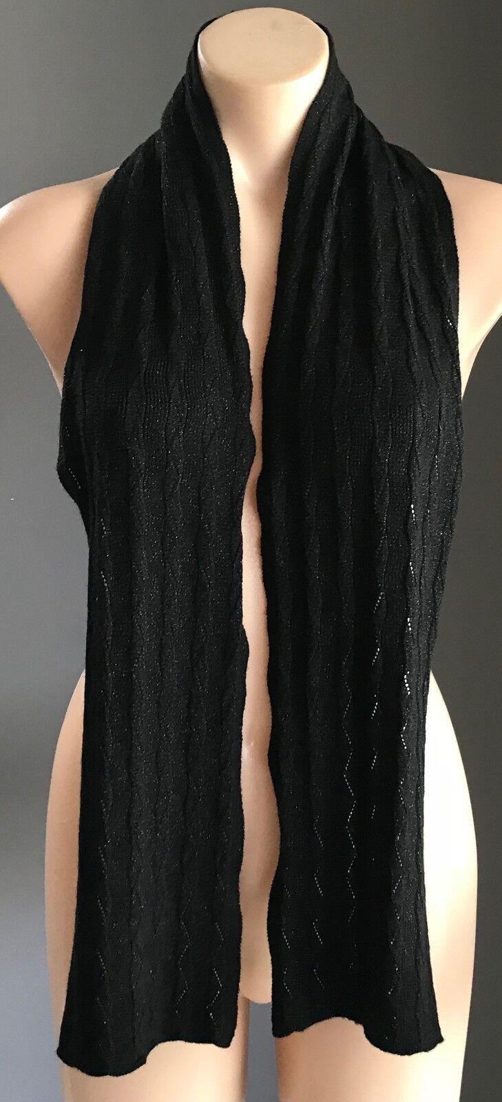 Retro Neck Scarf Black & Silver Thread Lurex Decorative Ribbed Zig Zag Knit NEW