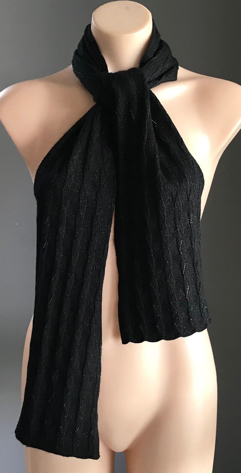 Retro Neck Scarf Black & Silver Thread Lurex Decorative Ribbed Zig Zag Knit NEW