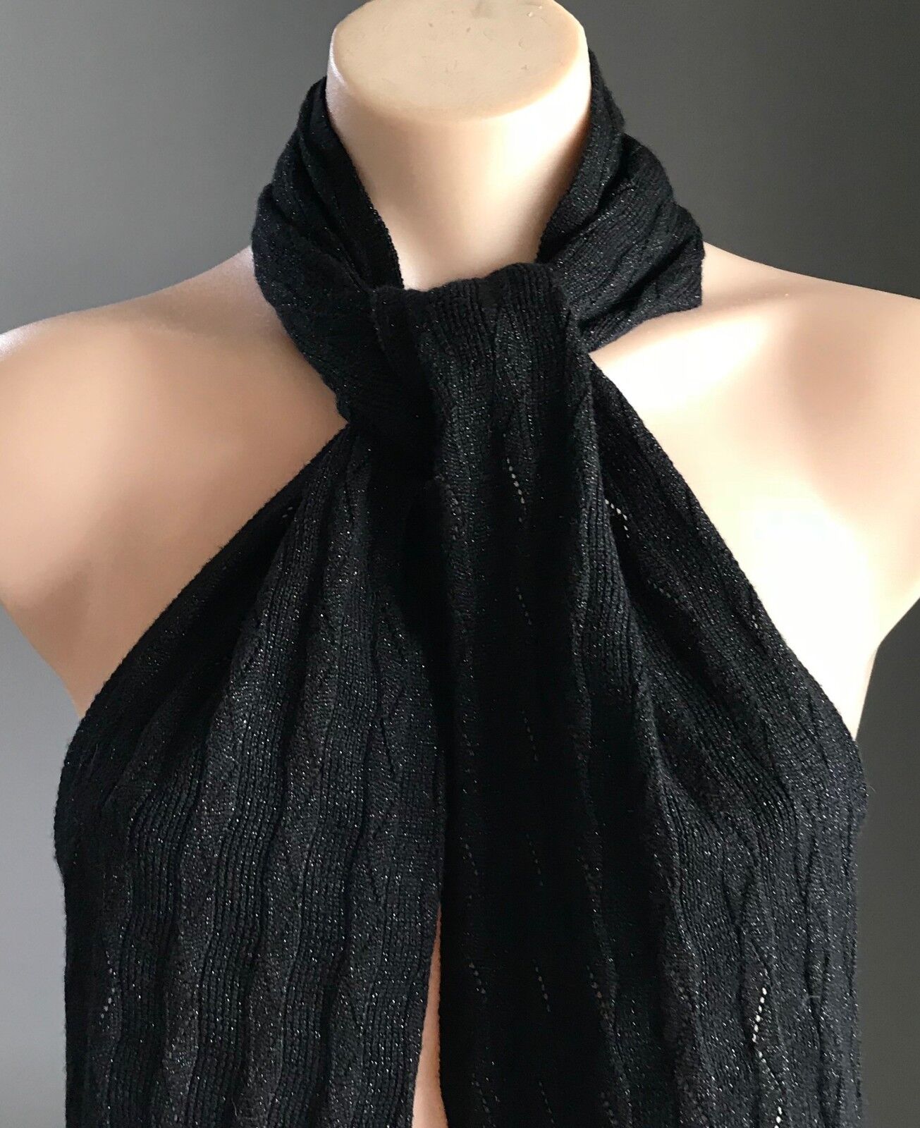 Retro Neck Scarf Black & Silver Thread Lurex Decorative Ribbed Zig Zag Knit NEW