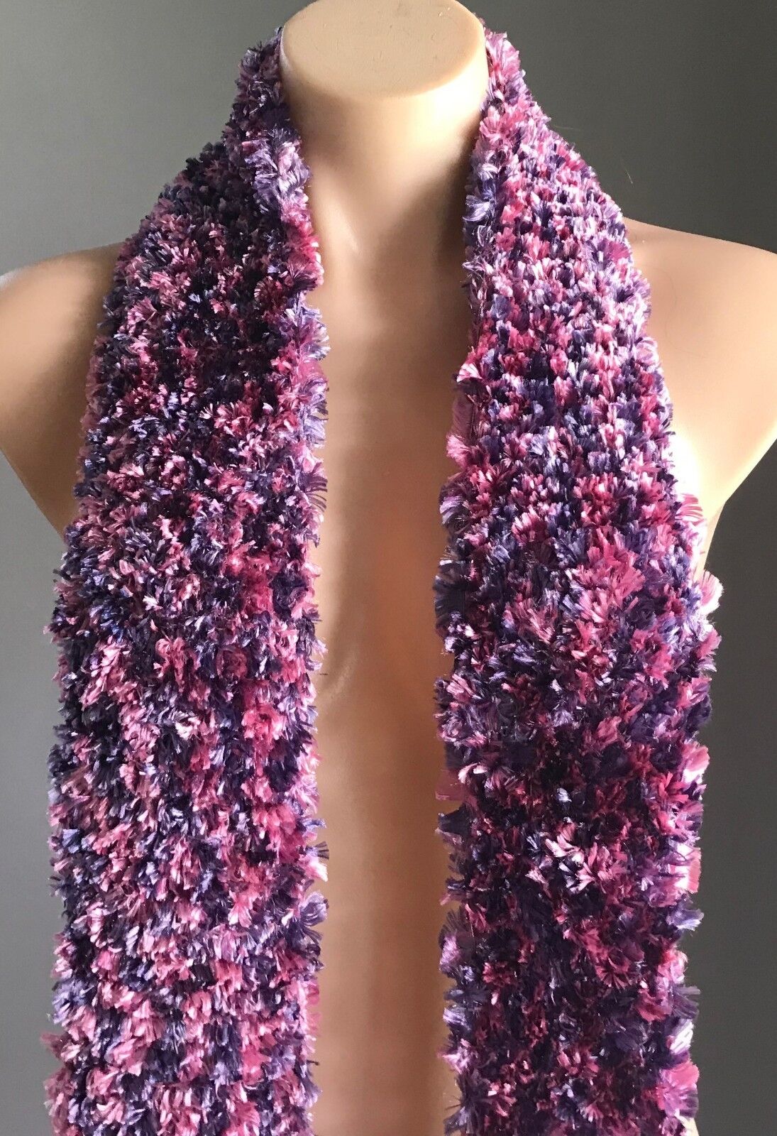 Eyelash KNIT SCARF Handmade Long Lush Shades of Purple Pink Fluffy Furry 230cm